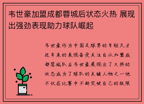 韦世豪加盟成都蓉城后状态火热 展现出强劲表现助力球队崛起