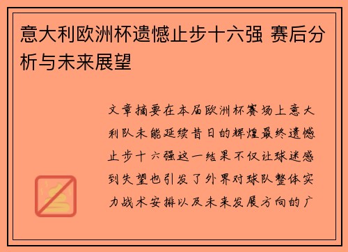 意大利欧洲杯遗憾止步十六强 赛后分析与未来展望 意大利欧洲杯遗憾止步十六强 赛后分析与未来展望