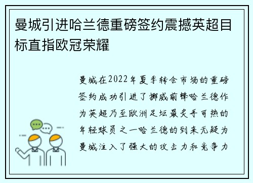 曼城引进哈兰德重磅签约震撼英超目标直指欧冠荣耀